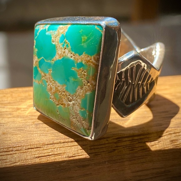 Kings Manassa Turquoise and Heavy Sterling Silver Stamped Ring - Picture 2 of 6